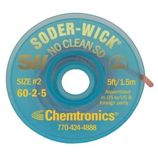 The image shows a transparent, blue spool with a central hole. On the spool is written "SODER-WICK NO CLEAN SD" along with size information and the manufacturer "Chemtronics".