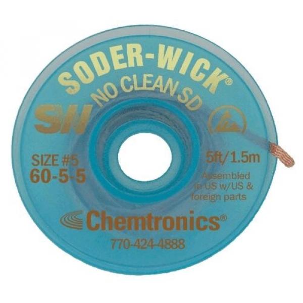 Auf dem Bild ist eine spiralförmige Rolle von Soder Wick zu sehen. Sie ist transparent blau und hat eine zentrale Öffnung. Darauf sind Informationen über Produkt und Größe gedruckt.