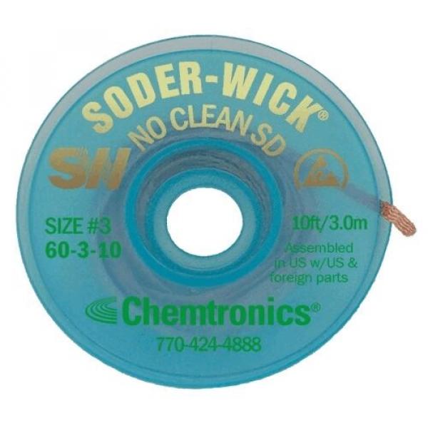 The image shows a flat, circular coil made of transparent, blue plastic. It features the inscription "SOLDER WICK NO CLEAN SD" and the size indication "SIZE #3". There is a hole in the center.