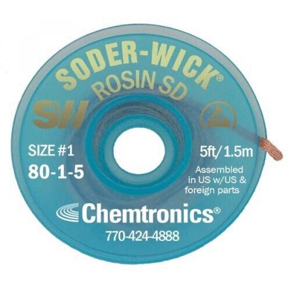 The image shows a round coil in greenish-blue color. It reads "Soder-Wick Rosin SD" along with some technical specifications. A thin copper wire is visible.