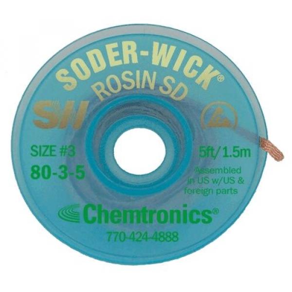 In the image, there is a circular spool with a blue plastic surface. It reads "SODER-WICK" along with other information in green and black lettering. There is a hole in the center. The spool contains desoldering braid.