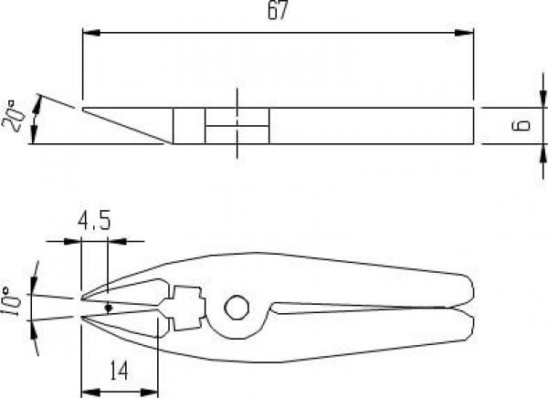 The image displays a technical drawing of a tool, likely a pair of pliers. It features a pointed and a broad side, with specified dimensions and angles.
