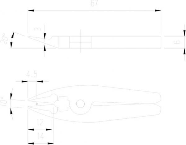 Das Bild zeigt eine technische Zeichnung von Zangen. Oben sind die Seitenansicht und Maße, unten die Draufsicht mit Maßen und Details des Zangenkopfes.
