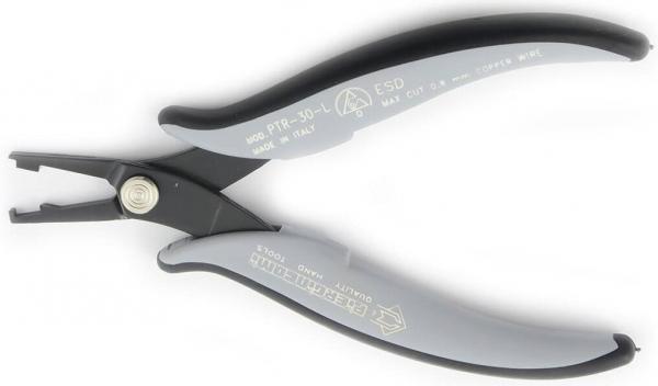 The image shows a pair of pliers with gray, non-slip grips. The pliers have curved, pointed jaws suitable for precise tasks, and a central pivot point for opening and closing.