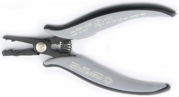 The image shows a pair of pliers with a gray handle and an opening mechanism. It has a pointed shape with various functions for gripping and cutting.