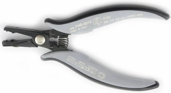 The image shows a wire cutter pliers with gray, ergonomic grips. The pliers have a metal opening for cutting and a spring mechanism for easy handling.