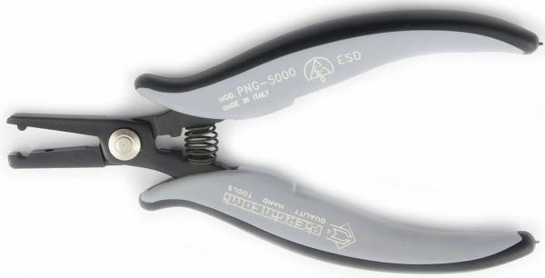The image shows a high-quality pair of pliers with gray and black grip areas. The pliers feature a spring-assisted opening and a pointed, narrow head geometry. Ideal for precise tasks.