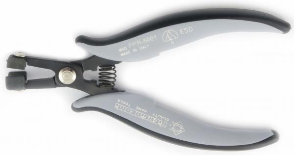 The image shows a pair of pliers with gray rubber handles and a metal mechanism in the center. It has a narrow, pointed shape, ideal for gripping or cutting small objects.