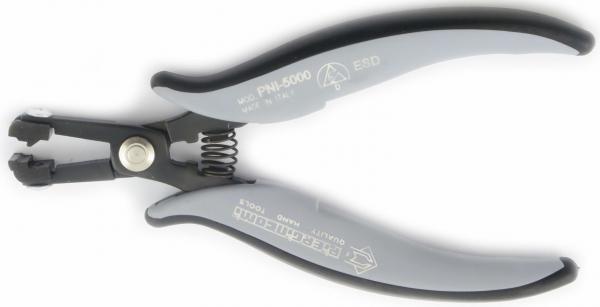 The image shows a pair of pliers with gray, rubberized handles and a black metallic tip. The pliers have a spring-loaded opening and are suitable for precise gripping.
