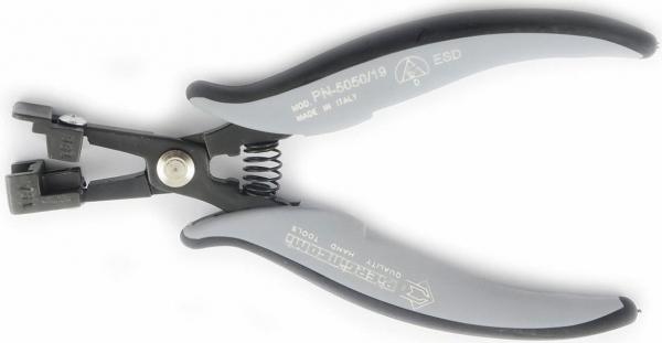 The image shows a pair of pliers with gray, rubberized handles and a black metal tip. It features a spring-loaded opening and is designed for precise gripping or cutting.