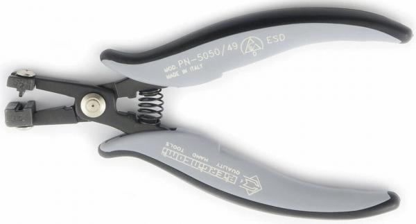 The image shows a pair of pliers with gray, ergonomic handles and a metal construction. It has a closed shape with a spring in the middle for opening and closing.