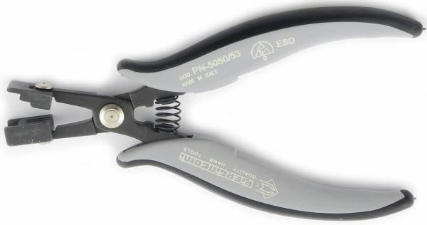 This is a pair of pliers with gray, ergonomic handles and a spring-loaded opening. The head has a sharp edge for cutting. Ideal for precise work.
