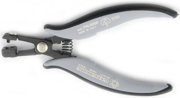 This is an ergonomic type of pliers with gray, rubberized grips. The pliers have movable jaws and a spring that facilitates opening. It is intended for precise work.