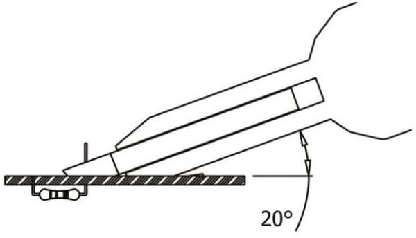 Das Bild zeigt eine schematische Darstellung eines Werkzeugs, das in einem Winkel von 20 Grad auf eine Fläche zeigt. Es sind Linien und ein kleiner vertikaler Strich zu erkennen, die den Winkel verdeutlichen.
