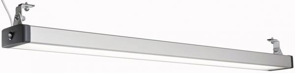 The image shows a long, narrow ceiling light. It has a white strip of light and two silver brackets that attach it to the ceiling. The light appears modern and functional.
