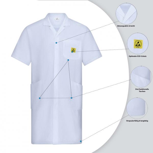 The image shows a white coat with a neat, short design. It has two large pockets, a collar, and a yellow warning symbol on the left chest side.