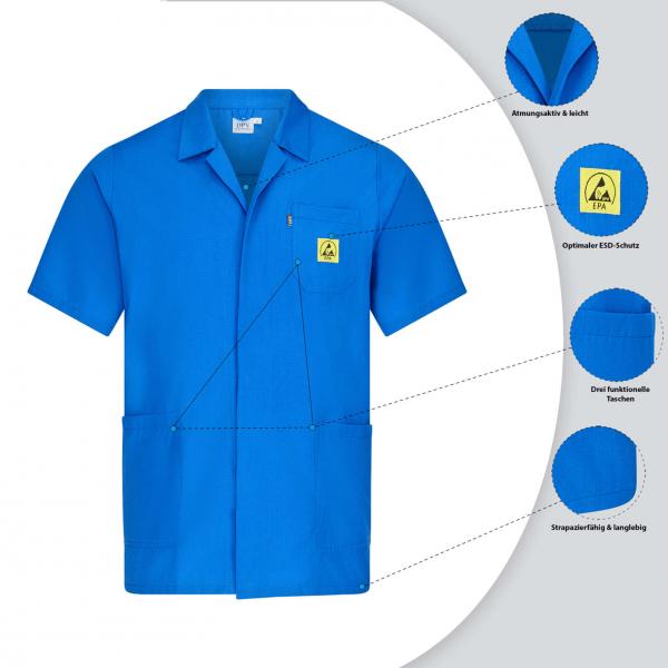 The image shows a blue, short-sleeved shirt with a yellow logo on the left chest side. It features practical pockets and is designed for work purposes.