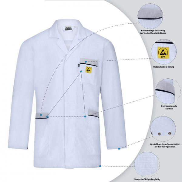The image displays a white lab coat featuring various details: a chest pocket, a warning symbol, special fabrics, and notes on functionality.