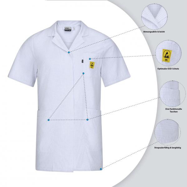 The image shows a short-sleeved white shirt. It features a classic collar and a sewn-on yellow label. Around the shirt, various details about the material composition are displayed.