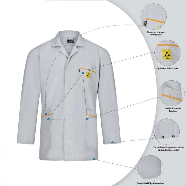 The image shows a white lab coat. It features a lapel collar, a chest pocket with a safety symbol, and numerous markings that highlight various properties and functions of the coat.