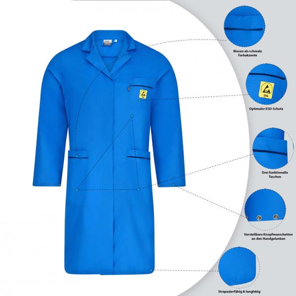 The image shows a blue work coat with long sleeves. It features a full-length button placket, pockets on the front, and a logo on the left chest side.