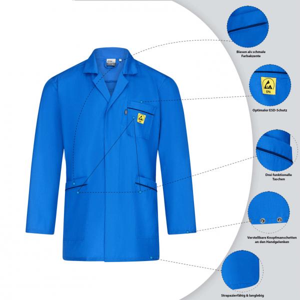 The image shows a bright blue work coat with a collar, long sleeves, and various details. Labels and symbols for materials and features are visible.