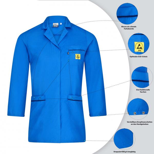 Das Bild zeigt einen blauen Arbeitskittel mit langen Ärmeln. Er hat einen Kragen, eine Brusttasche mit Logo und zwei aufgesetzte Taschen. Die Labels beschreiben Materialien und Eigenschaften.
