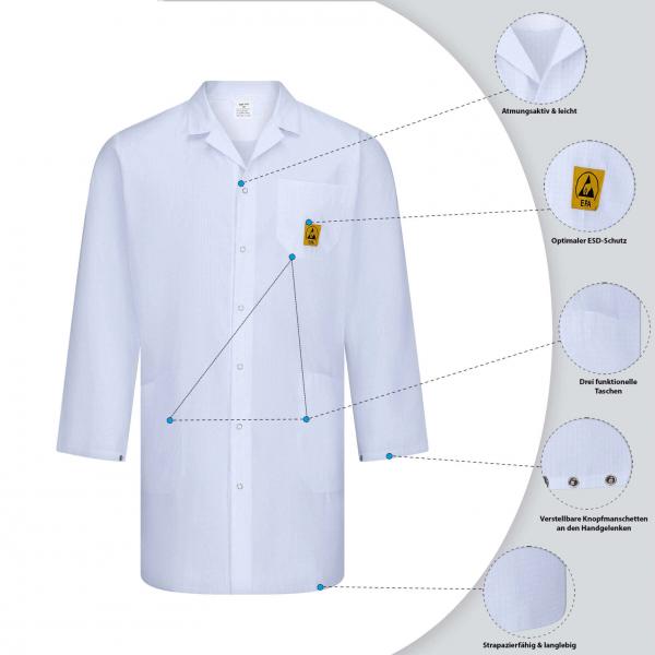 The image shows a white lab coat with long sleeves. It has a collar, front buttons, and a yellow safety symbol on the left side. There are notes on the special features of the coat.