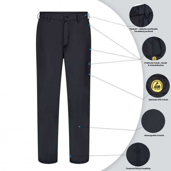 Das Bild zeigt eine schwarze Hose mit verschiedenen Details. Es gibt Taschen und Hinweise auf wasserdichte sowie atmungsaktive Eigenschaften. Die Hose ist für Outdoor-Aktivitäten geeignet.