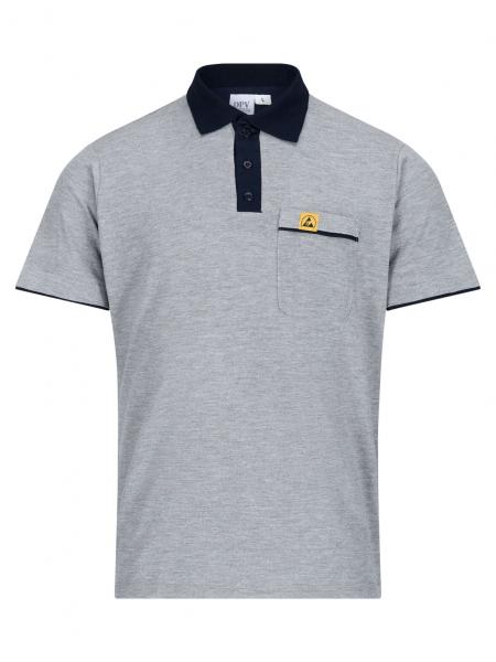 The image shows a gray polo shirt with short sleeves. It has a dark collar and a small chest pocket with a yellow logo.