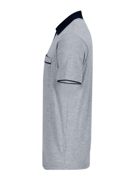 The image shows a gray polo shirt with short sleeves. The collar is trimmed in dark blue and there is a small pocket on the left chest side.