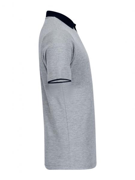 The image displays a grey polo shirt in profile. It features short sleeves and a dark blue collar. The fabric appears smooth and lightweight. The shirt has a straight cut with no special embellishments.