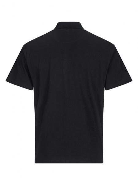 Das Bild zeigt ein schlichtes, schwarzes Poloshirt von hinten. Es hat kurze Ärmel und einen klassischen Kragen, ohne aufgedruckte Designs oder Verzierungen.