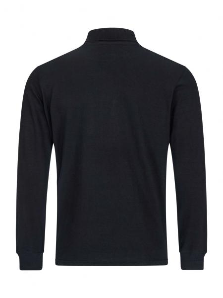 Das Bild zeigt ein schwarzes Langarmshirt aus der Rückansicht. Es hat einen Stehkragen und schmale Ärmel, der Stoff wirkt glatt und einheitlich ohne Muster.