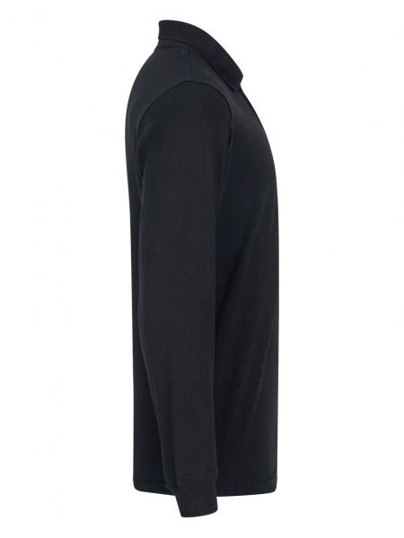 Das Bild zeigt ein schwarzes, langärmliges Poloshirt. Es hat einen klassischen Kragen und ist einfarbig, ohne Muster. Die Silhouette ist einfach und wirkt sportlich sowie casual.