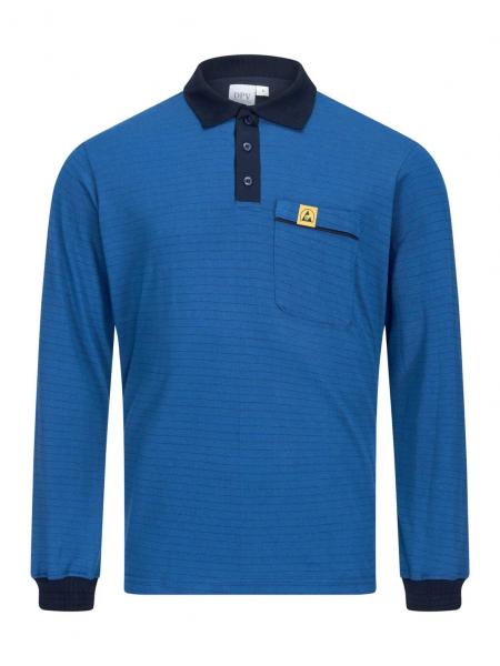 The picture shows a long-sleeved polo shirt in a bold blue. It has a dark blue collar, three buttons at the front, and a small pocket on the left chest side with a yellow logo.