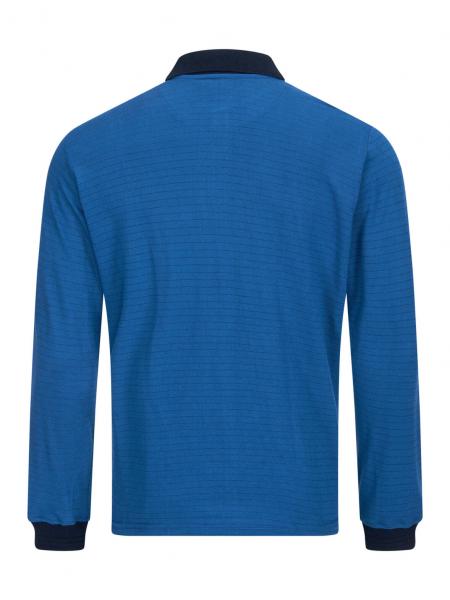 The image shows a long-sleeved, blue polo shirt with a dark collar. The fabric has a fine, textured surface and the sleeves end with narrow cuffs.