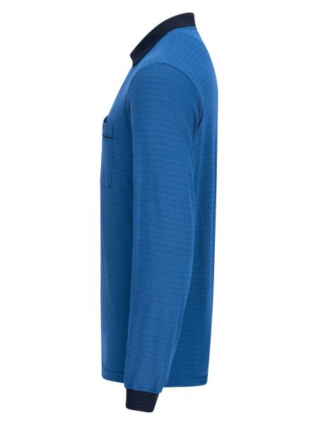 The image shows a long-sleeved, blue top with a black collar. It features a side view and a chest pocket on the left side. The fabric appears textured.
