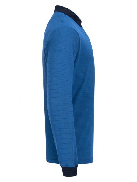 The image displays a long-sleeved, light blue top with a dark collar. It is made from textured fabric and features a simple, elegant cut.