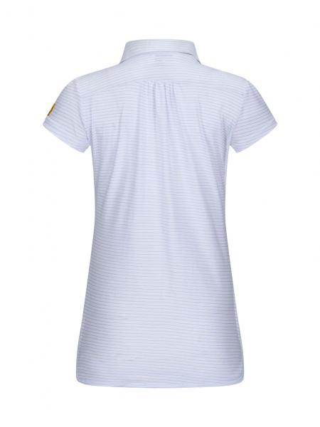 Das Bild zeigt ein kurzes, hellblaues Poloshirt mit einem Kragen und einem Rücken mit Falten. Es hat kurze Ärmel und eine dezente, gestreifte Musterung.