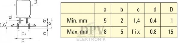 The image shows a technical drawing of a component with dimensions for various distances and diameters in a table format. On the left is a schematic representation of the component, on the right is the corresponding dimension table.