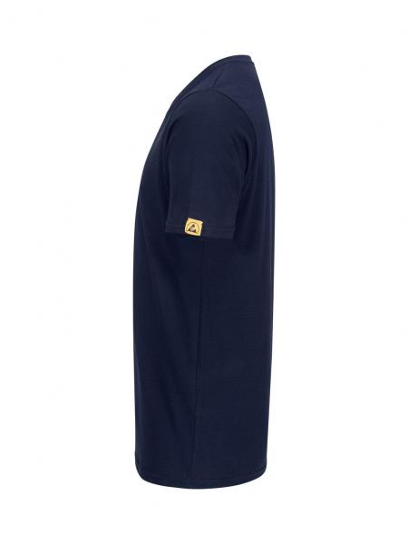 The image shows a dark blue T-shirt in side view. It has short sleeves and a round neckline. There is a small, yellow logo on one sleeve.