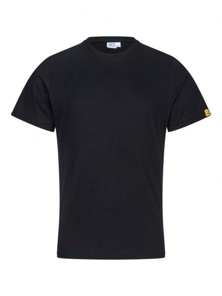 The image shows a simple, black short-sleeved T-shirt. It has a round neckline and a straight cut. There is a small yellow logo on the left sleeve.