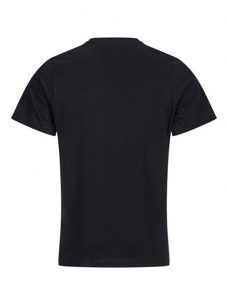 The image shows a black T-shirt from the back. It has short sleeves and a round neckline. The fabric appears smooth and lightweight, with no pattern or print.