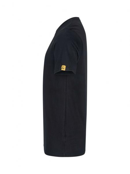 The image shows a black T-shirt in a side view. It has short sleeves and a round neckline. There is a small yellow brand logo on one sleeve.