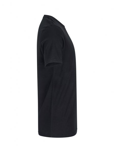 The image displays a black T-shirt made of colored fabric. It features short sleeves and a crew neckline. The side view reveals a simple, straight cut.