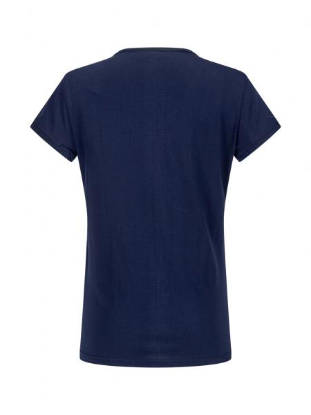 The image displays a simple, dark blue T-shirt. It features short sleeves and a round neckline. The back is plain, with no print or pattern.