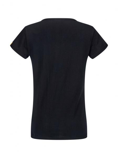 The image shows a black T-shirt from the back view. It has short sleeves and a round neckline. The fabric appears soft and comfortable.