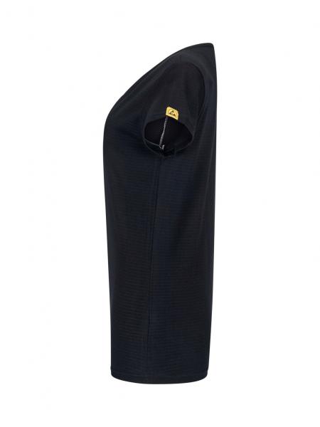 The image shows a black garment, likely a T-shirt, from the side. It has short sleeves and a simple, plain shape. A small yellow label is visible.