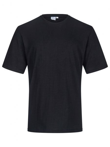 The image displays a simple, black T-shirt. It features short sleeves and a round neckline. The fabric appears smooth and inconspicuous, without patterns or special details.